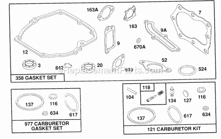 Gasket Sets Diagram and Parts List for  Briggs and Stratton Engine
